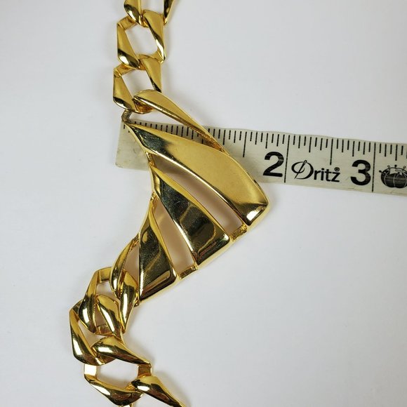 Vintage Chunky Gold Tone Curb Square Chain Link Bib V Pendant Statement Necklace - Picture 5 of 9
